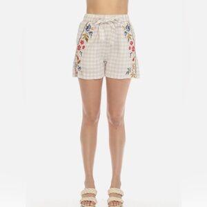 Johnny Was Adele Trapunto Belted Linen shorts plaid gingham print XS